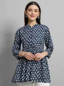 HANDICRAFT PALACE Floral Printed Mandarin Collar Cotton Gathered or Pleated Longline Top