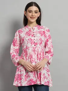 HANDICRAFT PALACE Floral Printed Mandarin Collar Gathered or Pleated Cotton Longline Top