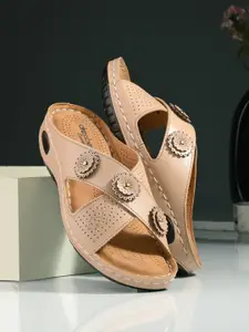 DressBerry Beige Laser Cut Embellished Open Toe Flats