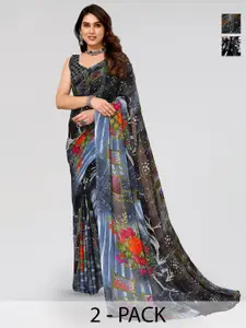 ANAND SAREES Selection Of 2 Floral Printed Poly Georgette Sarees