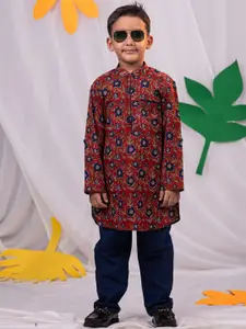 VASTRAMAY Boys Floral Printed Straight Pure Cotton Kurta with Pyjamas