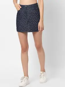 VASTRADO Heart Print Cotton A-Line Mini Denim Skirt