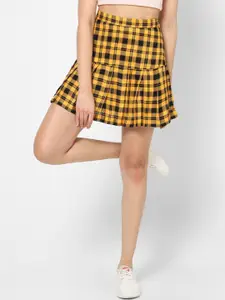VASTRADO Checked Pure Cotton Pleated Flared Mini Skirt