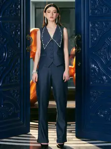 iki chic Navy Blue Embellished Lapel Colllared Top & High waisted Trouser Co-Ords