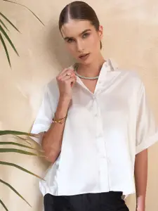 KASSUALLY Comfort Boxy Pearl Embellished Satin Casual Shirt