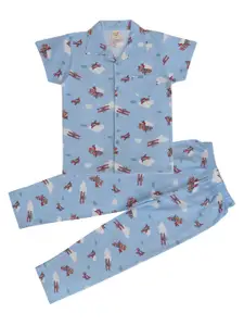 Clothe Funn Boys Conversational Printed Lapel Collar Pure Cotton Shirt With Pyjamas