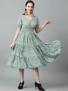 Kotty Blue & White Floral Printed Puff Sleeve Crepe Smocked Tiered Fit & Flare Midi Dress