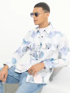 Snitch White & Blue Abstract Printed Classic Tailored Fit  Casual Shirt
