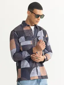 Snitch Blue & Grey Geometric Printed Regular Fit Casual Shirt