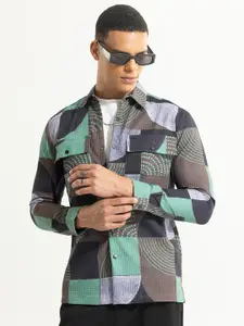 Snitch Brown & Green Geometric Printed Classic Tailored Fit Casual Shirt