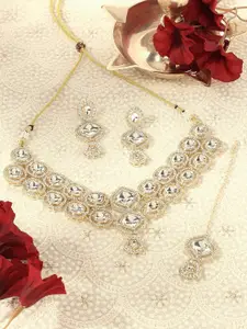 AMI Gold-Plated Austrian Diamond Stone Studded Necklace and Earrings With Maang Tika