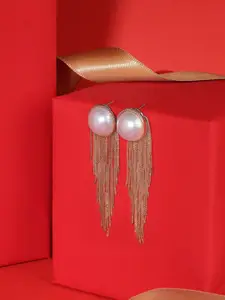 AMI Gold-Plated Pearl Studded Tasselled Contemporary Drop Earrings