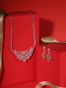 AMI Rose Gold Plated Cubic Zirconia Studded Necklace and Earrings