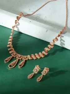 AMI Rose Gold-Plated Cubic Zirconia Studded Necklace With Earrings