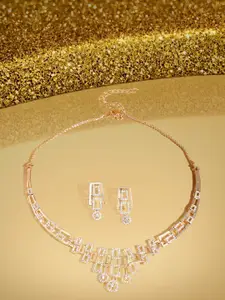 AMI Gold-Plated Cubic Zirconia Studded Necklace With Earrings