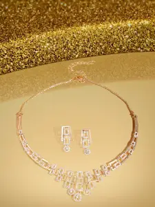 AMI Gold-Plated Cubic Zirconia Studded Necklace With Earrings