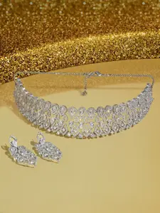 AMI Silver Plated Cubic Zirconia Stone Studded Necklace and Earrings
