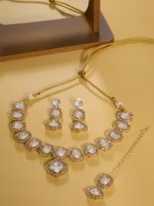 AMI Gold Plated Stones Studded Necklace and Earrings With Maang Tika