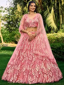 FABPIXEL Embellished Sequinned Net Semi-Stitched Lehenga & Unstitched Blouse With Dupatta