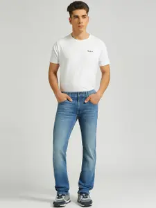 Pepe Jeans Men Slim Fit Mid-Rise Heavy Fade Medium Shade Clean Look Stretchable Jeans