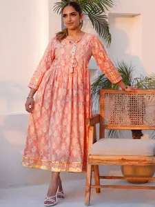 Libas Ethnic Motifs Printed Tie-Up Neck Cotton Fit and Flare Ethnic Dress