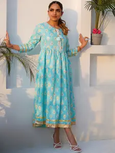 Libas Ethnic Motifs Printed Tie-Up Neck Cotton Fit and Flare Ethnic Dress