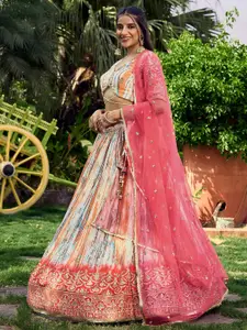 FABPIXEL Printed Sequinned Semi-Stitched Lehenga & Unstitched Blouse With Dupatta