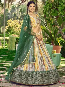 FABPIXEL Printed Sequinned Semi-Stitched Lehenga & Unstitched Blouse With Dupatta