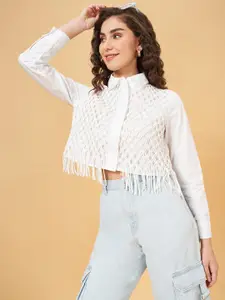People Women Self Design Shirt Collar Fringed Boxy Cotton Crop Top