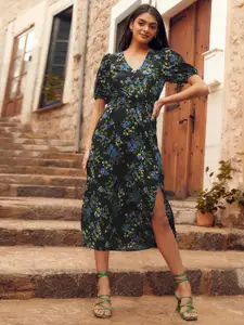 Selvia Floral Print Puff Sleeve Crepe A-Line Midi Dress