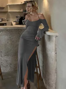 LULU & SKY Halter Neck Cold-Shoulder Maxi Sheath Dress
