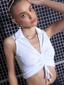 SASSAFRAS White Lace-Up Shirt Style Crop Top