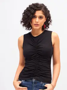 SASSAFRAS Black Sleeveless Ruched Fitted Top