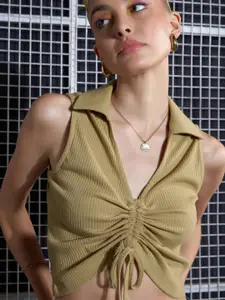 SASSAFRAS Khaki Lace-Up Shirt Style Crop Top