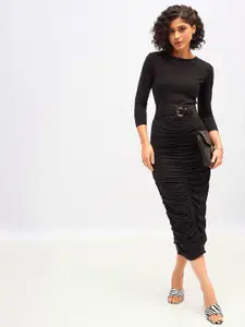 SASSAFRAS Black Ruched Bodycon Midi Dress