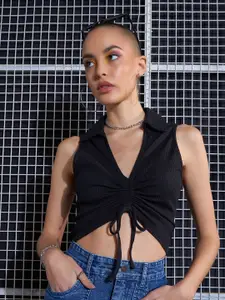 SASSAFRAS Black Lace-Up Shirt Style Crop Top
