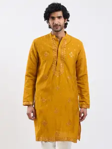 VASTRAMAY Ethnic Motifs Embroidered Mandarin Collar Sequined Silk Straight Kurta