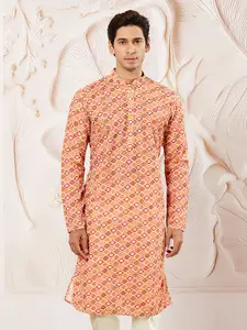 VASTRAMAY Ethnic Motifs Printed Mandarin Collar Muslin Straight Kurta
