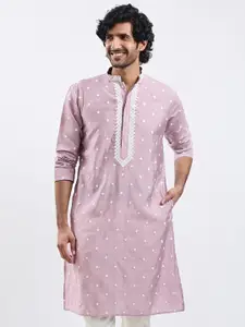 VASTRAMAY Geometric Embroidered Mandarin Collar Thread Work Straight Kurta