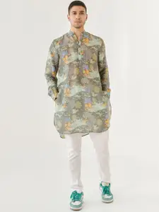 QB MEN Floral Printed Band Collar Straight Silk Kurta