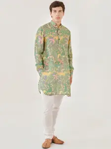 QB MEN Abstract Printed Mandarin Collar Straight Pure Silk Kurta
