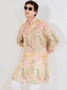 QB MEN Floral Printed Band Collar Straight Silk Kurta