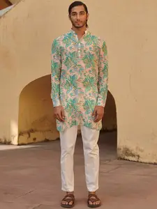 QB MEN Floral Mandarin Collar Long Sleeves Mirror Work Floral Kurta