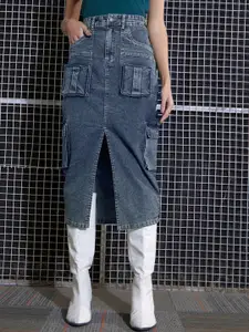 SASSAFRAS Green Washed Cargo Pencil Midi Denim Skirt