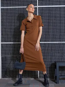 SASSAFRAS Brown Self Design Midi Sheath Dress