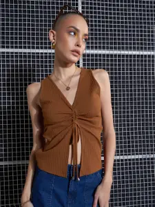 SASSAFRAS Brown Lace-Up Crop Top