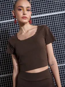 SASSAFRAS Brown Square Neck Crop Top