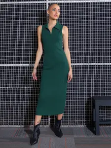 SASSAFRAS Green Shirt Collar Midi Sheath Dress