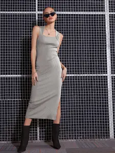 SASSAFRAS Grey Square Neck Side Slit Midi Sheath Dress