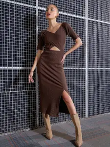 SASSAFRAS Brown V-Neck Cut-Out Side Slit Midi Sheath Dress